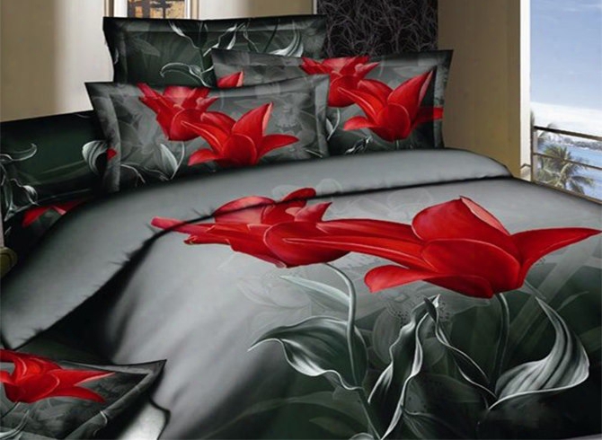 3d Red Tulip Printed Cotton 4-piece Bedding Sets/duvet Covers