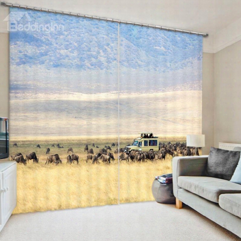 3d Rhinoceros In African Grassland Printed 2 Panels Thick Polyester Curtain