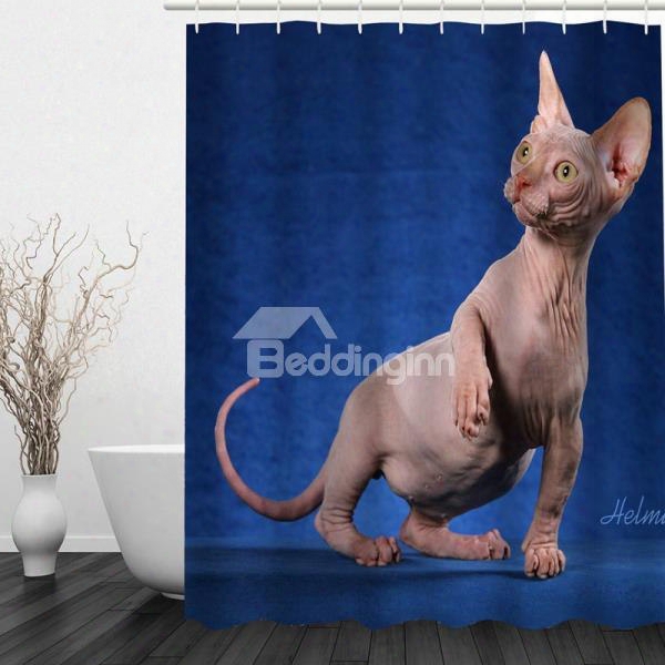 3d Sphinx Cat Printed Polyester Blue Bathroom Showef Curtain