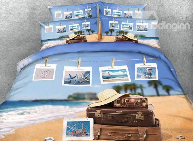 3d Suitcases And Photos Of Beachscape Printed 5-piece Comforter Sets
