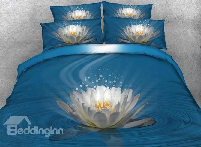 3d White Lotus Printed Cotton 4-piece Blue Bedding Sets/duvet Covers