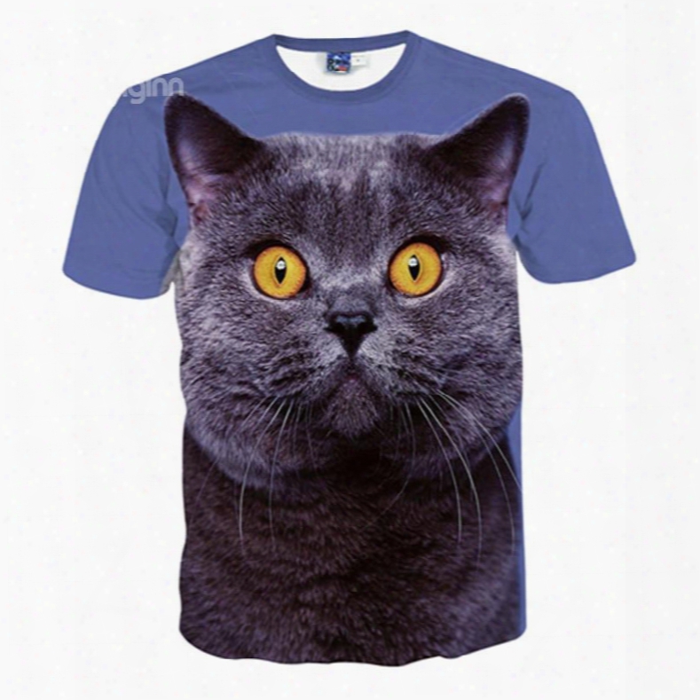 Adorable Round Neck Cat Face Pattern 3d Painted T-shirt