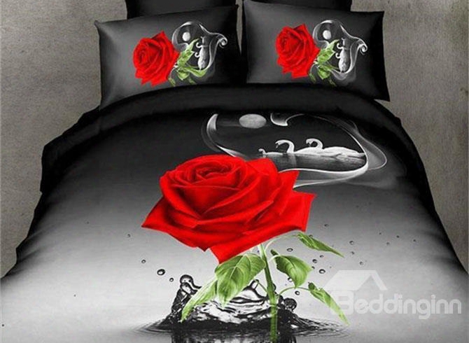 Amazing Red Rose In Water Design 4-piece 3d Polyester Duvet Cover Sets