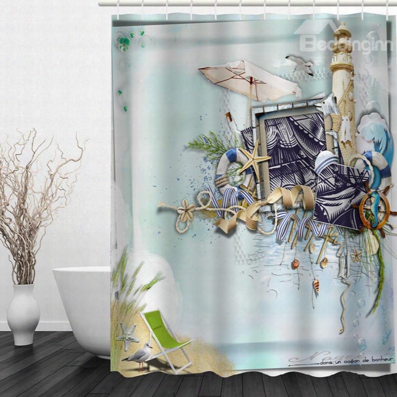 Beach Style 3d Printed Bathroom Waterproof Shower Curtain