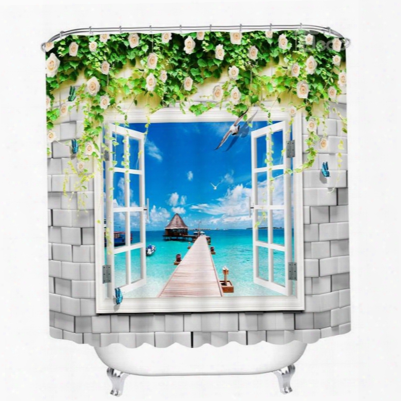 Beautiful Beach Scenery Out Of The Window 3d Printed Bathroom Waterproof Shower Curtain