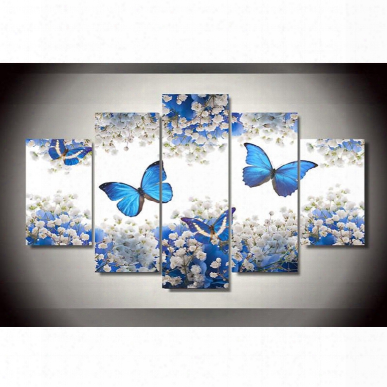 Blue Butterflies And White Flowers Hanging 5-piece Canvas Non-framed Wall Prints