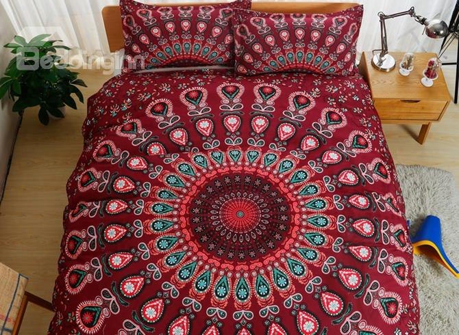 Bohemian Peacock Mandala Print Red Plyester 3-piece Bedding Sets