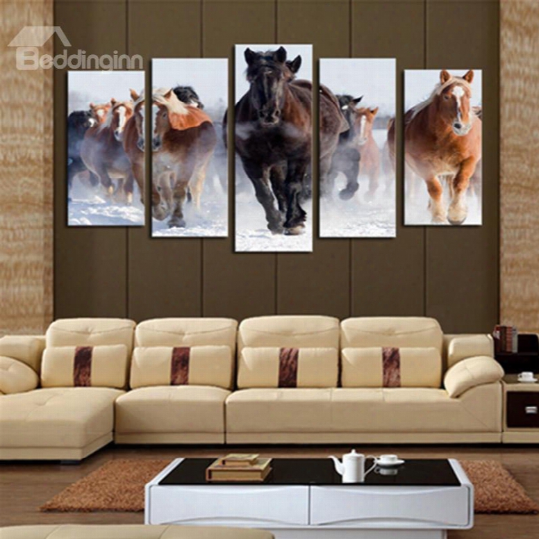 Brown And Yellow Running Horses 5-panel Canvas Hung Non-framed Wall Prints