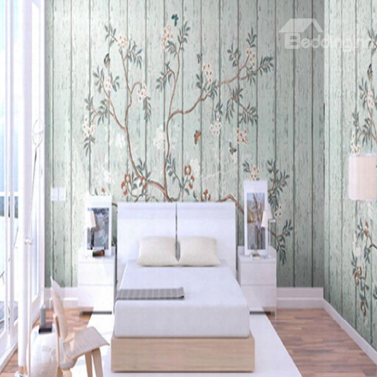 Brown Branches With Green Ldaves And Flowers 3d Waterproof Wall Mural