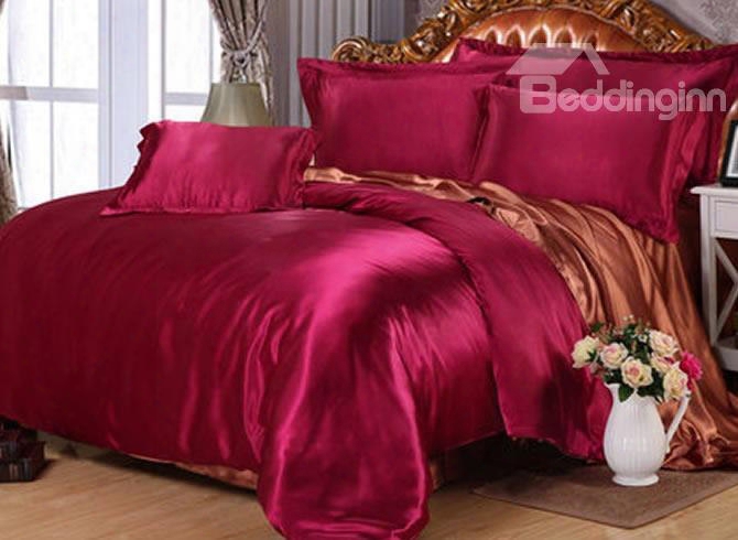 Burgundu And Brown Color Blocking Luxury Silky 4-piece Bedding Sets