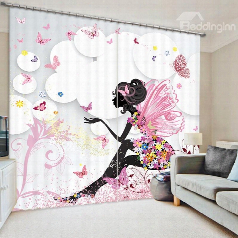 Butterfly Girl Sitting In Pink Flowers 3d Printed Polyester Curtain