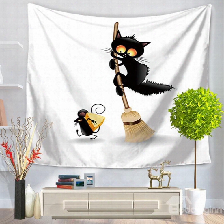 Cartoon Black Cat Frightened By Rat Prints Hanging Wall Tapestry