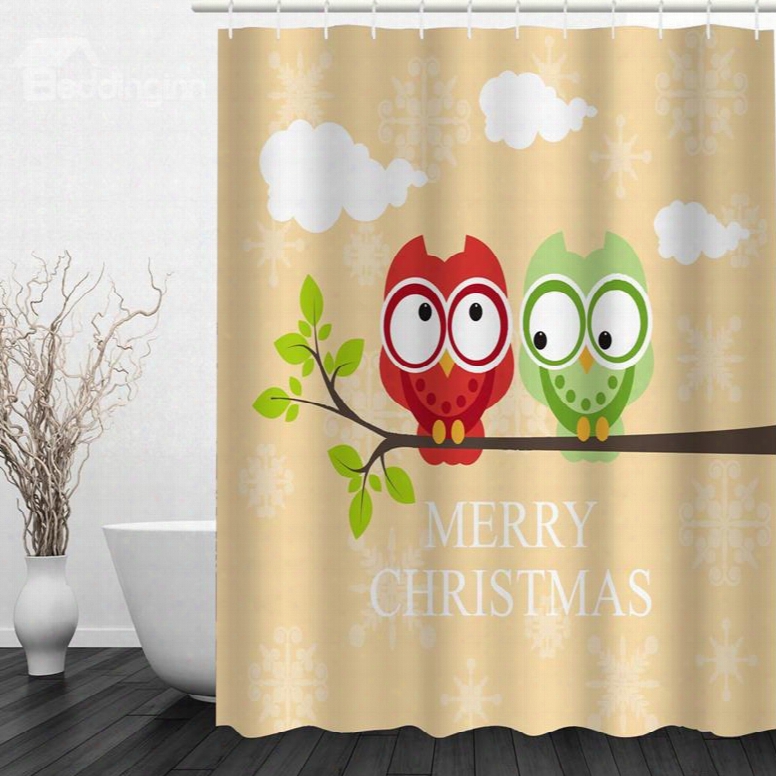 Cartoon Owl Lover 3d Printed Christmas Theme Shower Curtain