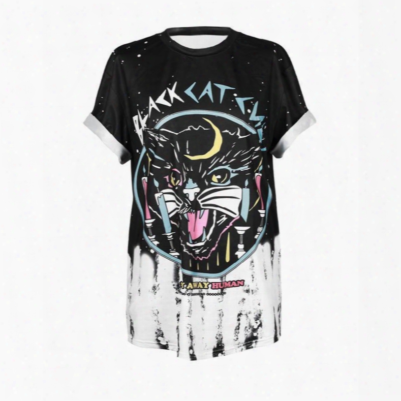 Casual Style Black Cat Printed 3d T-shirts