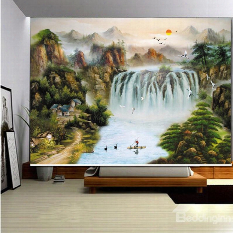 Chinese Style Waterfall Painting 3d Printed Roller Shades