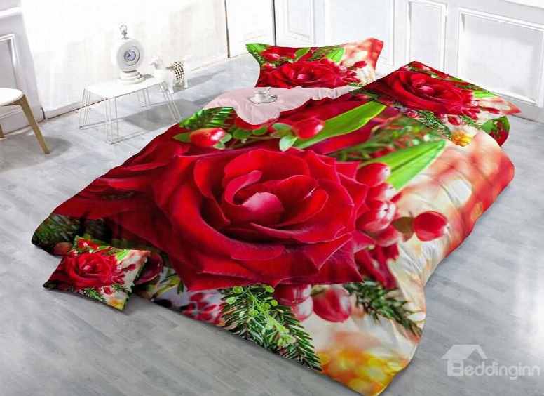 Cluster Of Red Rose Cotton 3d Printed 4-pieces Luxurious Bedding Sets/duvet Covers
