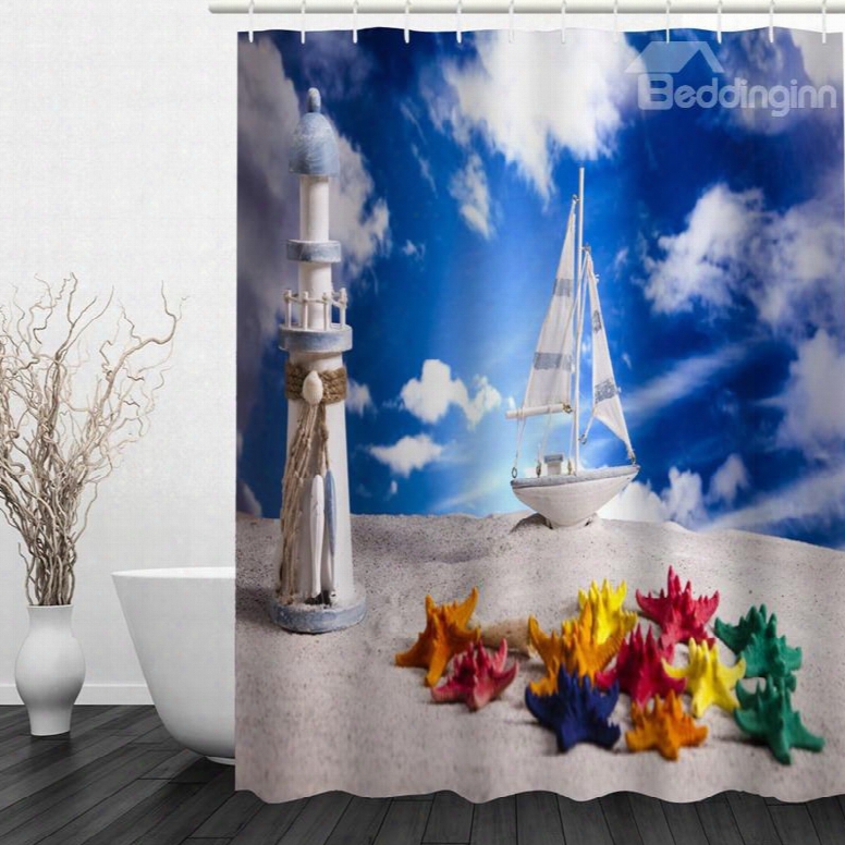 Colored Starfish And White Boat In The Beach 3d Printed Shower Curtain