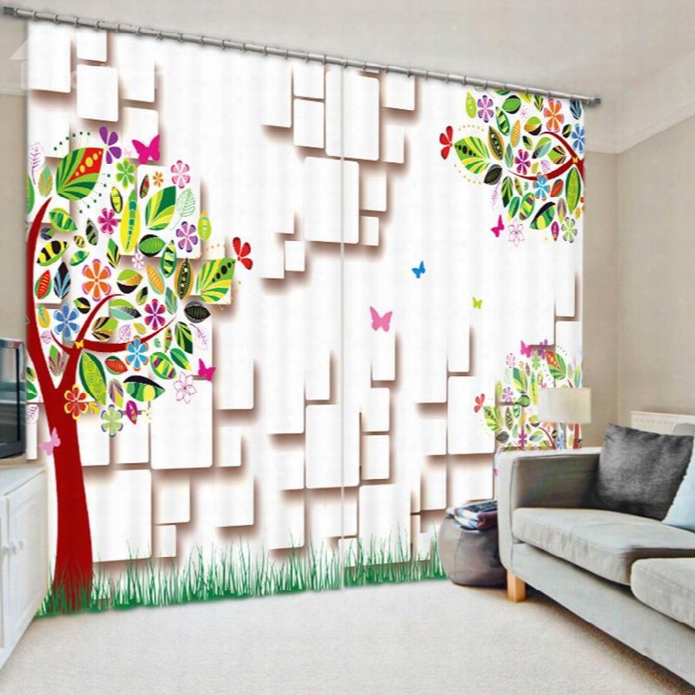 Colorful Cartoon Tree 3d Printed Polyester Curtain