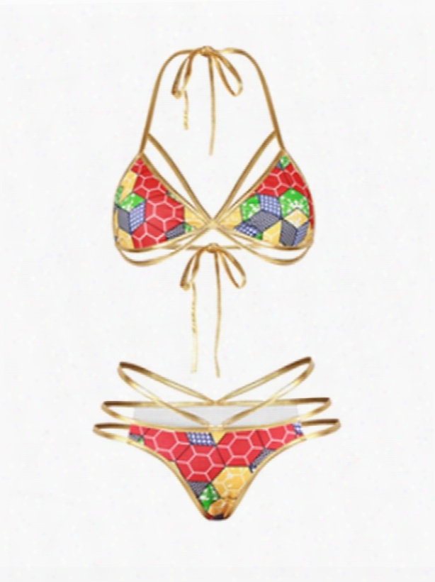 Colorful Grid Push Up Padded Lace Up Low-waisted Bikini 3d Swimwear