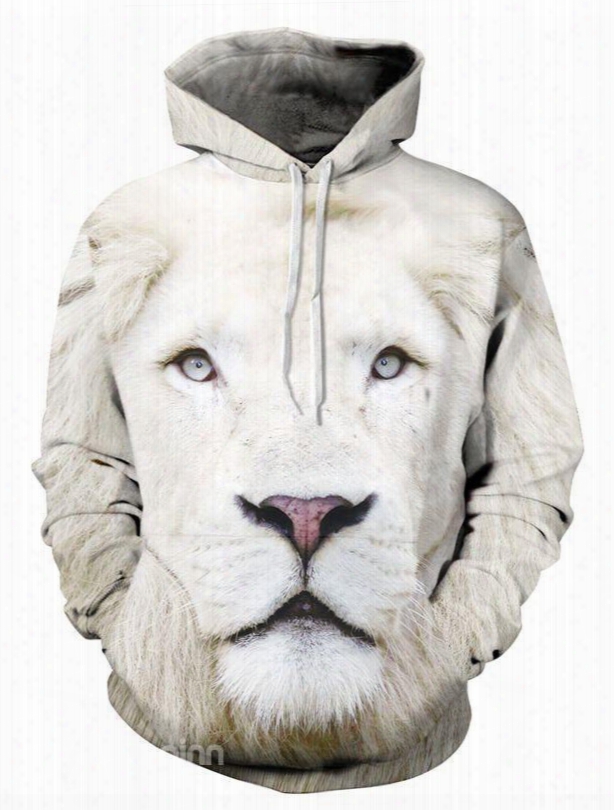 Concise Long Sleeve Lion Face Pattern White Animals 3d Painted Hoodie