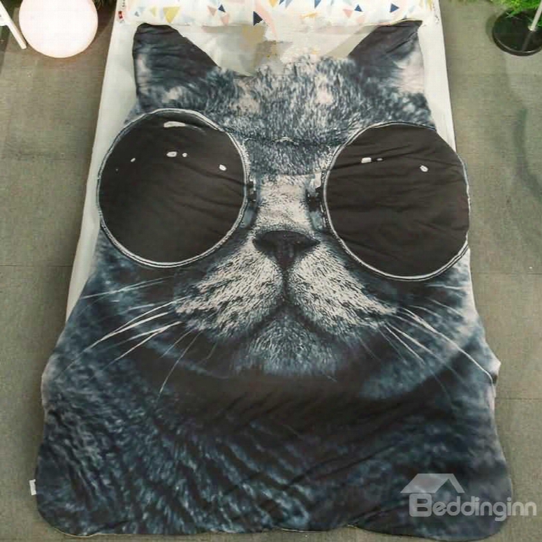 Cool 3d Black Cat With Sunglasses Design Skincare Polyester Quilt