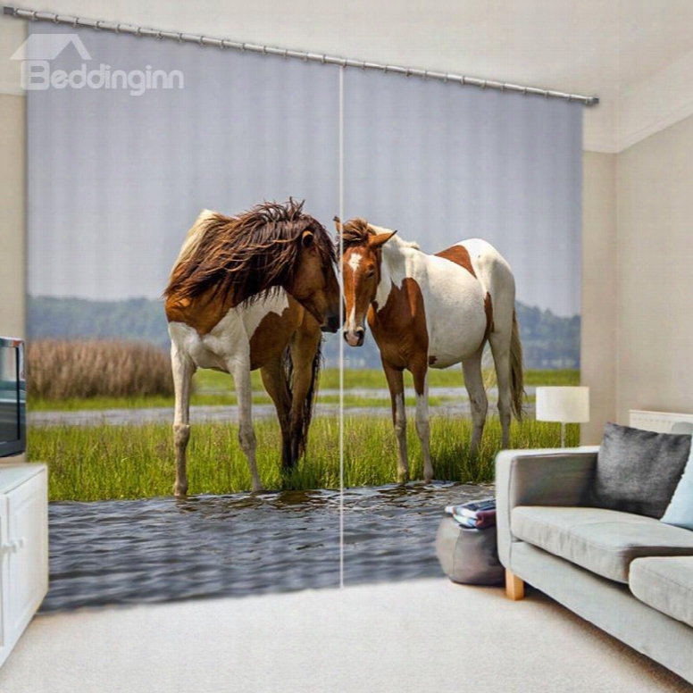 Couple Horses Standing Oh The River 2 Pieces Window Decoration Shading Curtain