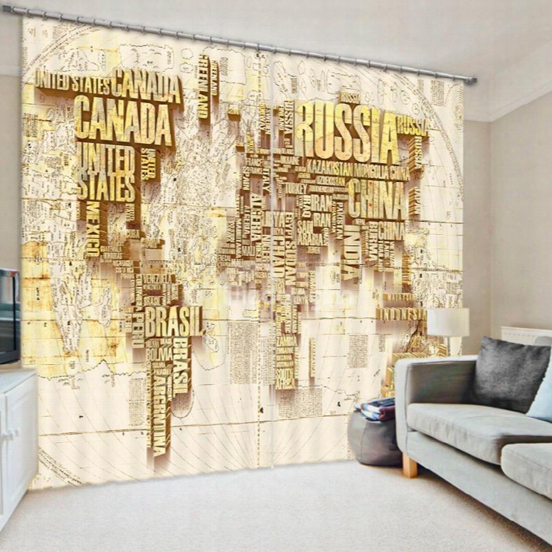 Creative Golden World Map 3d Printed Polyester Curtain