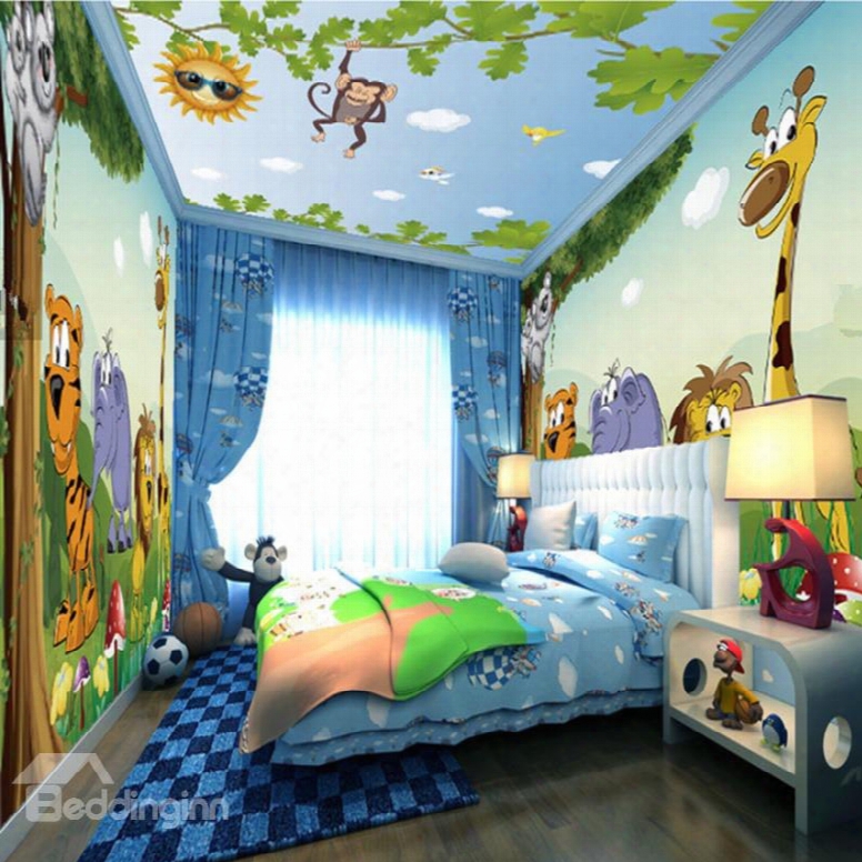 Cute Cartoon Animals In The Forest Pattern Waterproof Combined 3d Ciling And Wall Murals