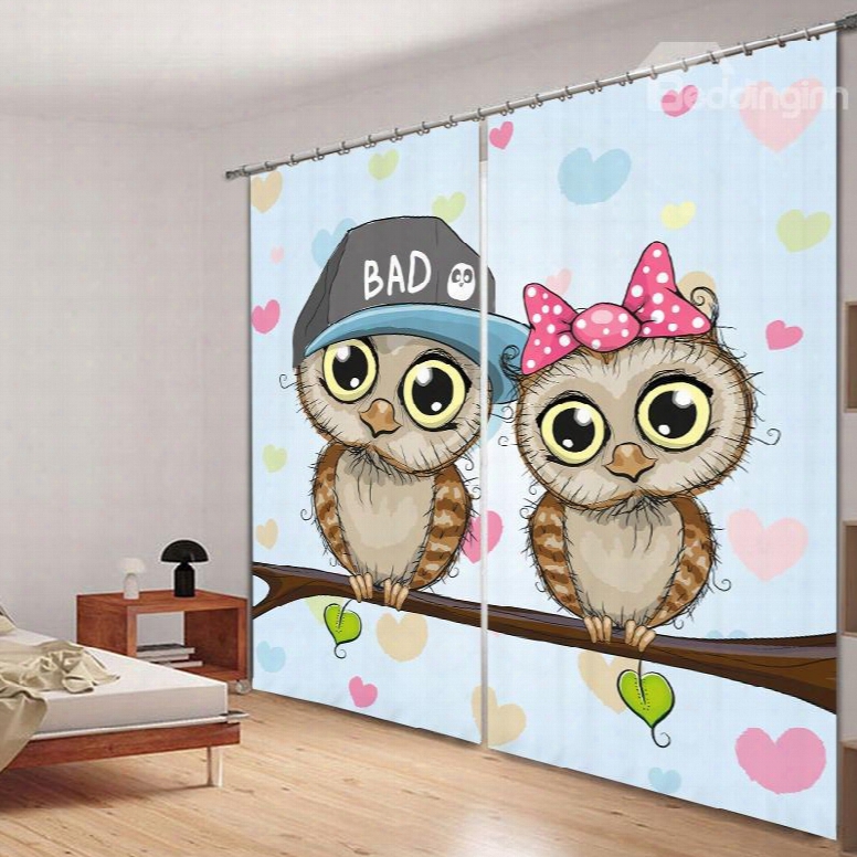 Cute Cartoon Owls Lover 3d Pritning Polyester Curtain