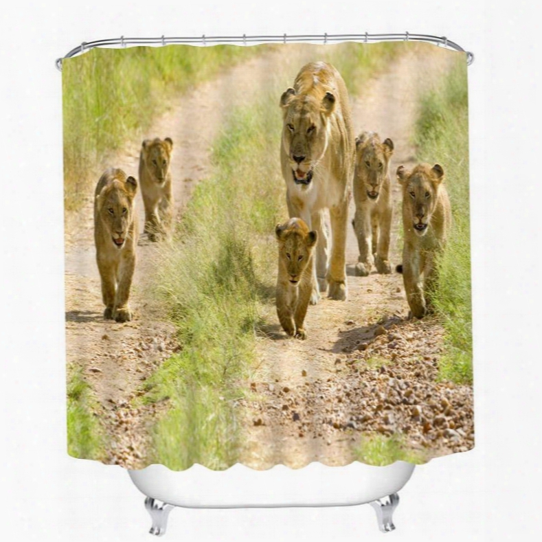 Cute Lion Family Walking 3d Printed Bathroom Waterproof Shower Curtain