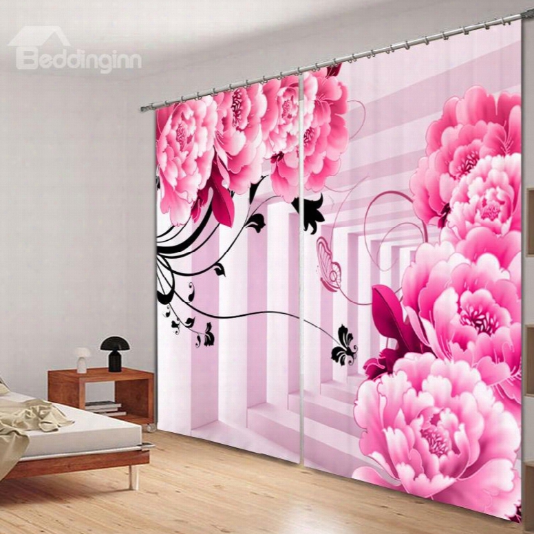 Cute Pink Peony And Butterfly 3d Printing Polyester Curtain