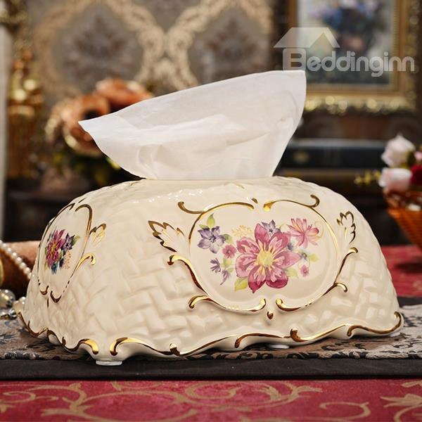 Decorative Ceramic Flower Pattern Tissue Box Painted Pottery