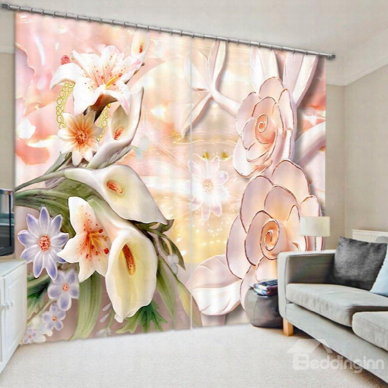 Designer Jade Carving Flowers 3d Print Ed Polyester Curtain