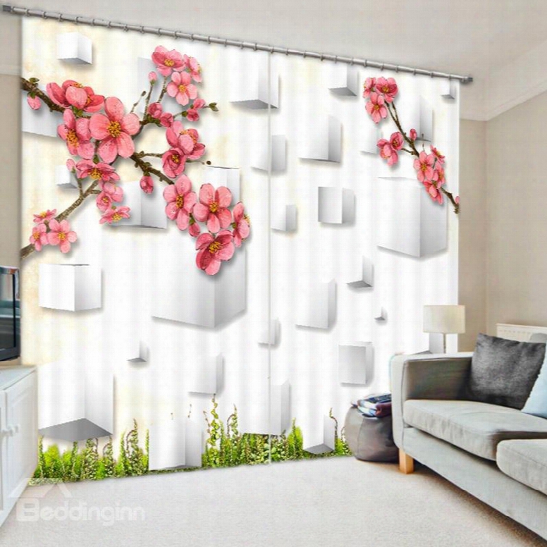 Designer Pink Plum Blossom 3d Printed Polyester Curtain