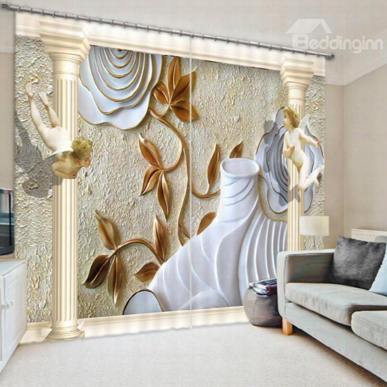 Designer Relief Flower 3d Printed Polyester Curtain