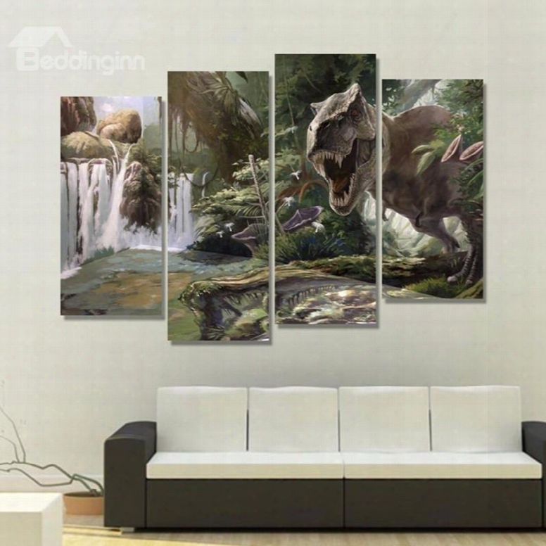 Dinosaur In Forest Hanging 4-piece Canvas Waterproof And Eco-friendly Non-framed Prints