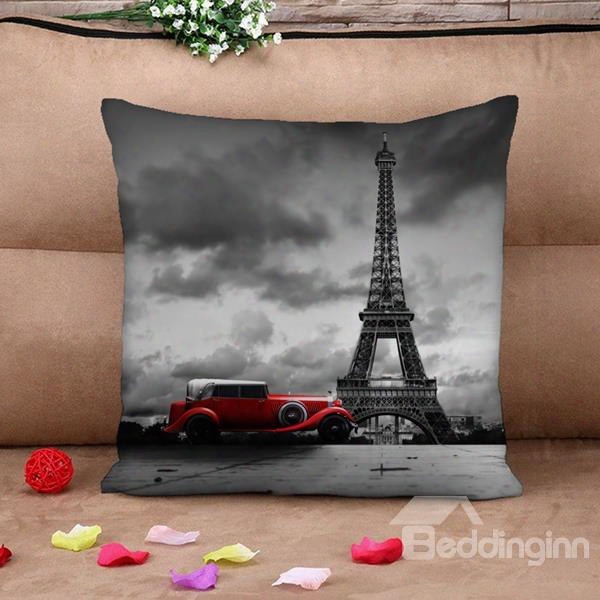 Eiffel Tower And Vintage Car Print Throw Pillow Case