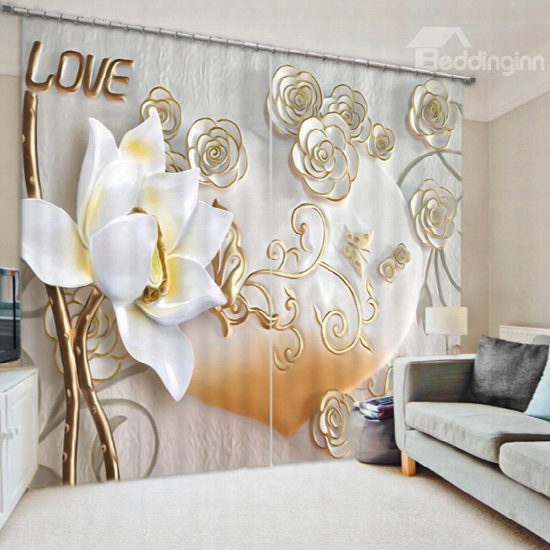 Elegant And Cozy Beige Flowers Craved Polyester Custom Decorative And Blackout 3d Curtain