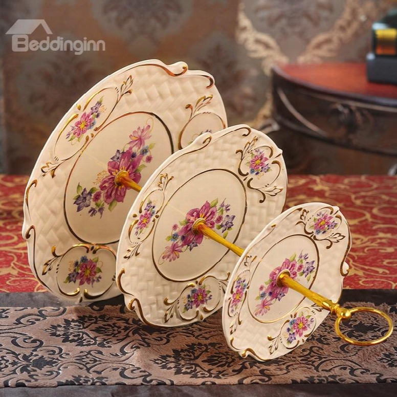 Elegant Modern Design Flowers Pattern 3 Layers Fruit Plate Painted Pottry