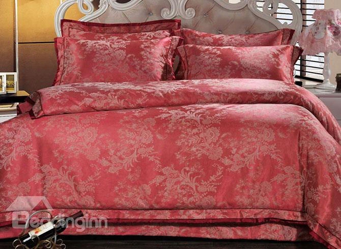 Elegant Vector Flowers Red Jacquard 4-piece Bamboo Fabric Bedding Set