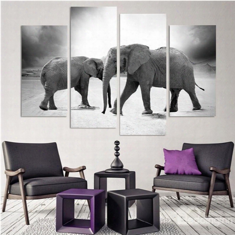 Elephantshanging 4-piece Canvas Waterproof And Environmental Black And White Non-framed Prints