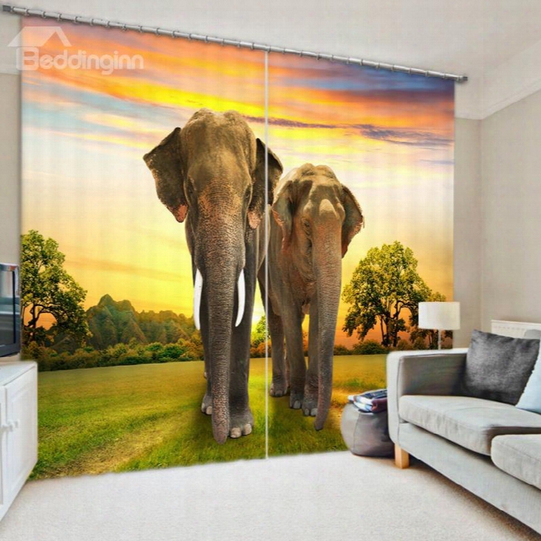 Elephants In The Grassland With Sunset 3d Animal Scenery Printed Polyester Curtain