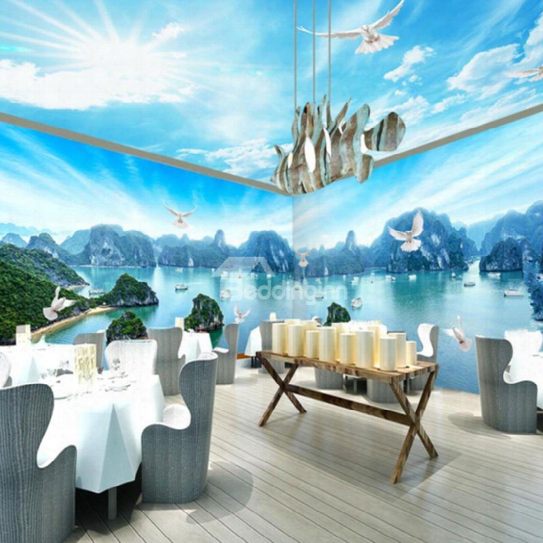 Fabulous River Scenery And Blue Sky Pattern Combined 3d Ceiling And Wall Murals