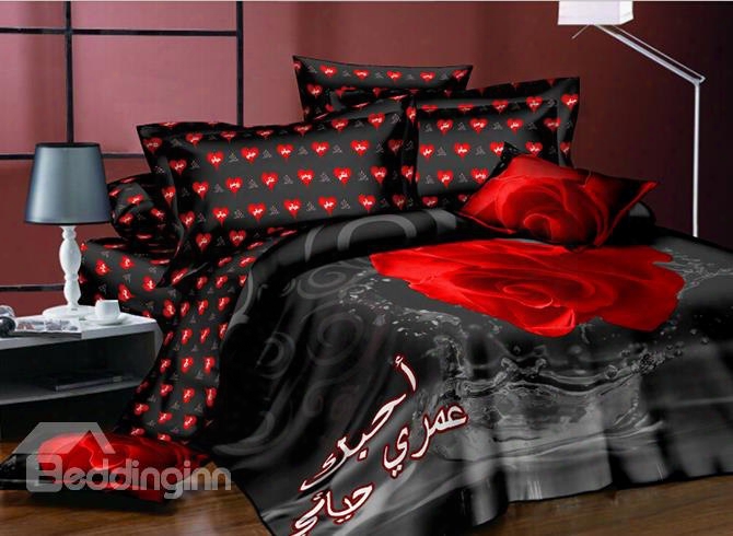 Fiery Red Rose Polyester 4-piece Black Duvet Cover Sets