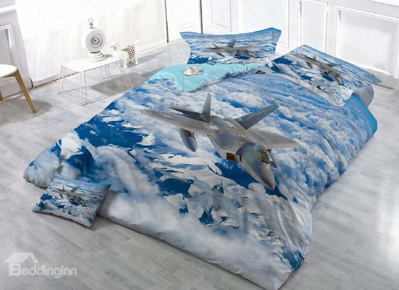 Fighter Aircraft Soaring In Blue Sky Cotton Luxury 3d Printed 4-pieces Bedding Sets/duvet Covers