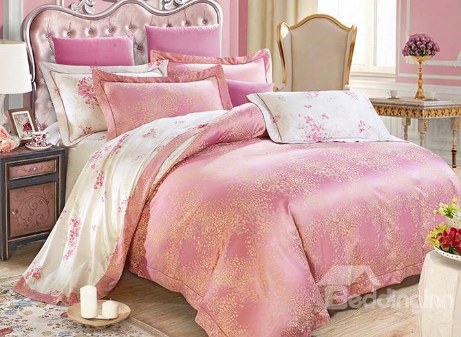 Floral Pattern Pink Jacquard 4-piece Bamboo Fabric Bedding Set