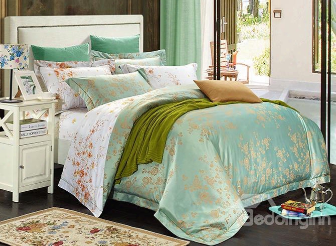 Fresh Floral Pattern Green Jacquard 4-piece Bamboo Fabric Bedding Set