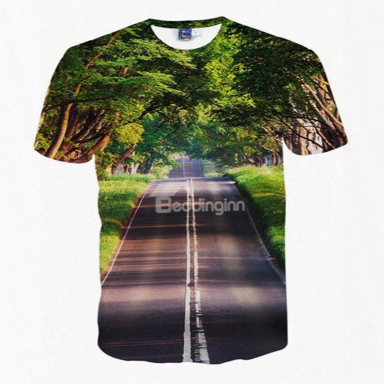 Fresh Round Neck Forest Road Pattern 3d Painted T-shirt