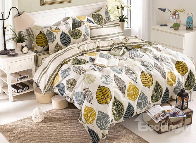 Full Size Concise Leaves Print Cotton 4-piece Bedding Sets/duvet Cover
