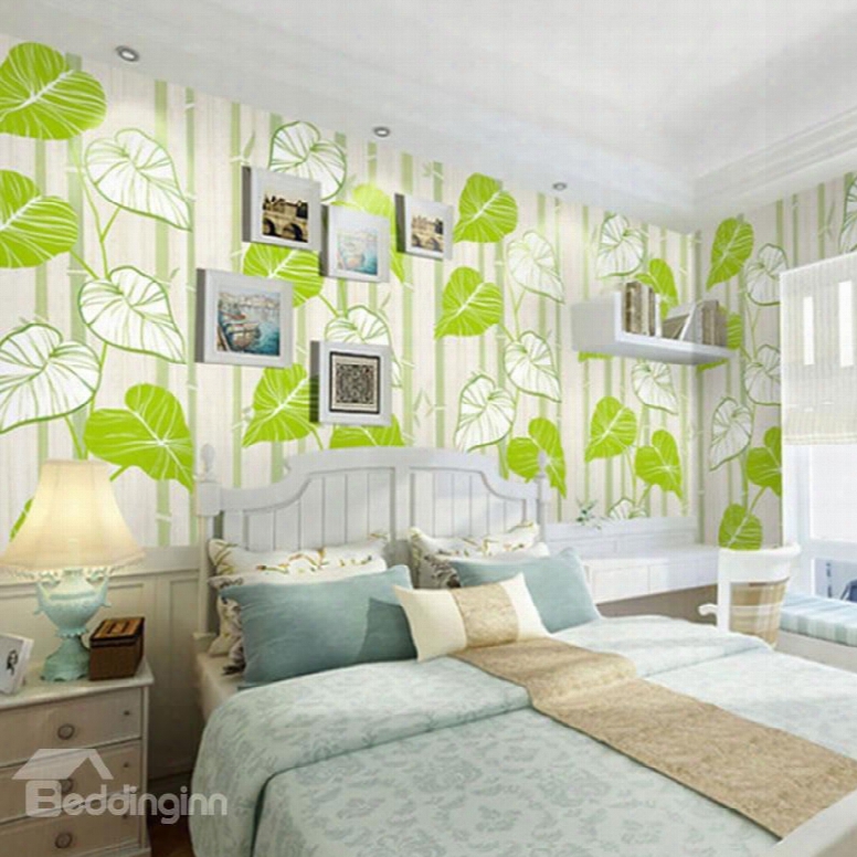 Green Bamboos And Leaves 3d White Waterproof Wall Mural